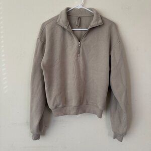 SKIMS Tan Fleece-lined Cropped Quarter-Zip Cotton Sweater Sweatshirt -  Small